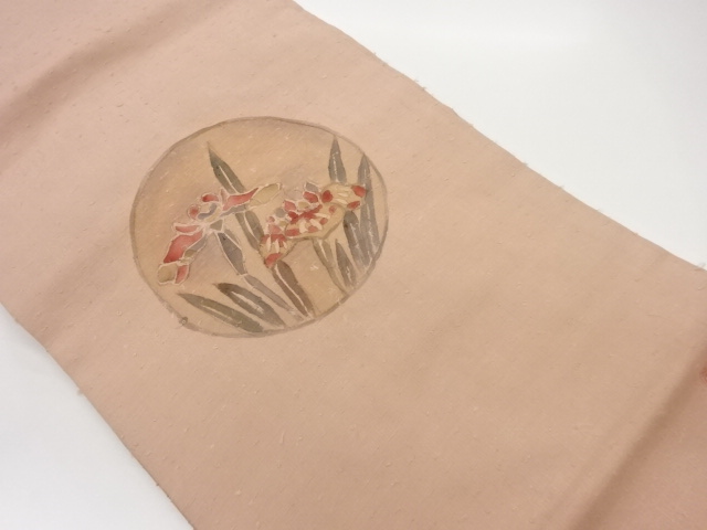 作家物　ひげ紬手描き丸文に菖蒲模様名古屋帯